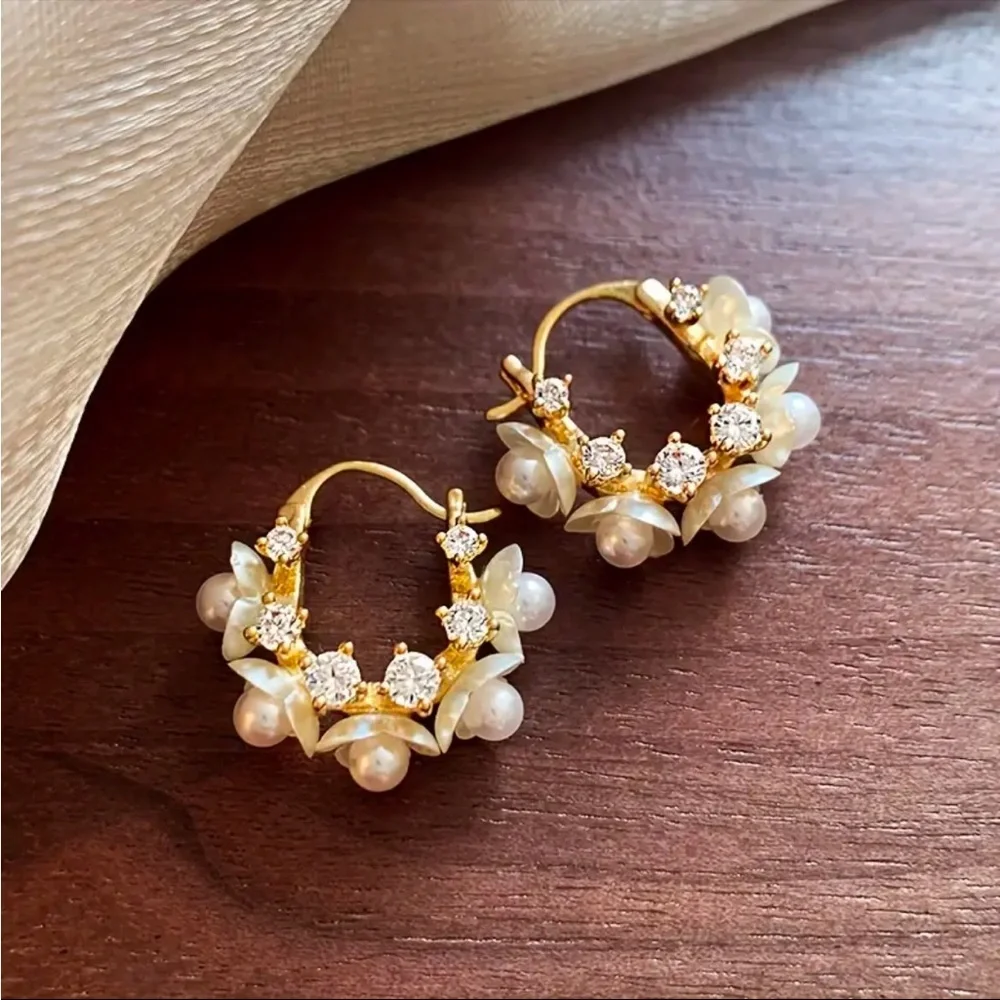 Pearl Hoop Earrings Floral CZ Accents Romantic Statement Jewelry NWT - Picture 5 of 6